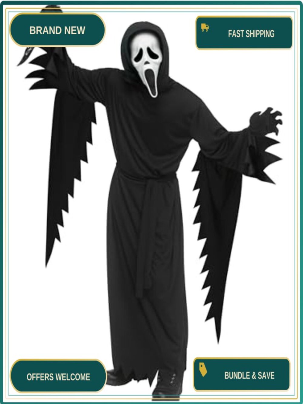 Teen Ghost Face Costume Hooded Robe Tie Belt Mask